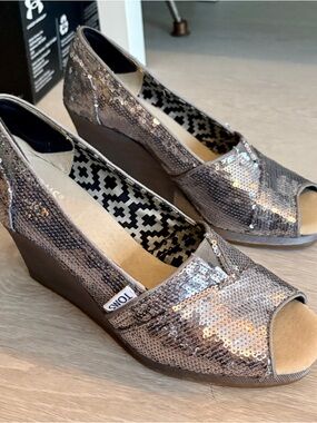 TOMS Women's Sequin Wedge Peep-Toe Shoes in Metallic Silver